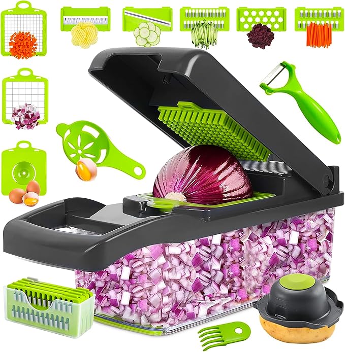 Vegetable Chopper 16 in 1 with Container, Veggie Chopper Food Chopper and Dicer, Onion Chopper Vegetable Cutter with 8 Stainless Steel Blades, Easy Meal Prep Kitchen Tool, Green