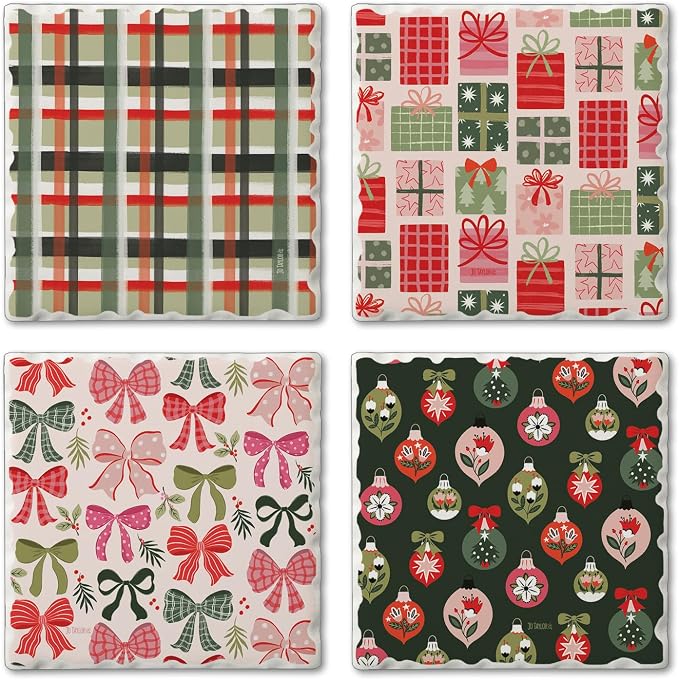 Thirstystone Christmas Joy 4 Pack Assorted Tumbled Tile Stone Coasters with Protective Cork Backing 4" Square Manufactured in the USA