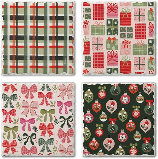 Thirstystone Christmas Joy 4 Pack Assorted Tumbled Tile Stone Coasters with Protective Cork Backing 4" Square Manufactured in the USA