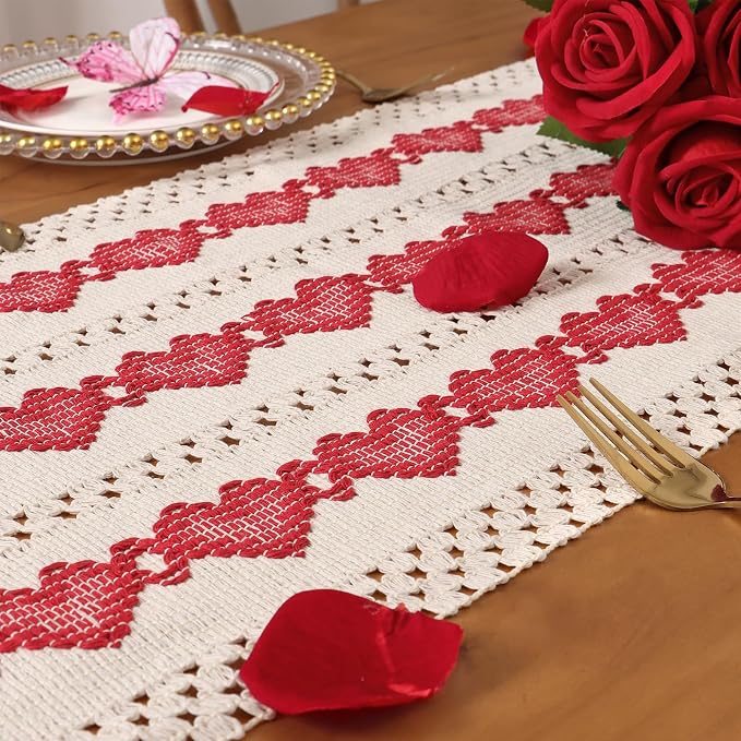 Macrame Table Runner Beige and Red Heart Table Runners with Tassels Hand Woven Cotton Table Runner Rustic Farmhouse Table Runners for Valentine's Day Bohemian Kitchen Dining Table(12x71in)