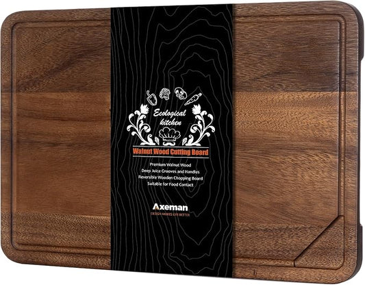 Axeman Walnut Wood Cutting Board with Juice Groove for Kitchen Countertop, Tick American Black-Walnut Wooden Chopping Board Charcuterie Board Butcher Block for Meat Vegetables, 18x12 inch