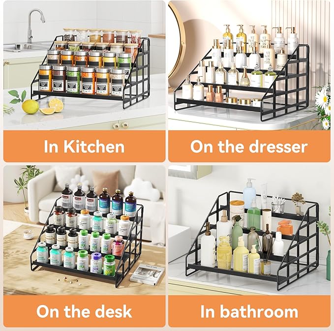 Bunoxea Spice Rack Kitchen Cabinet Organizer,4 Tier Countertop Spice Rack,Tier Depth Adjustable Cabinet Shelf,Step Spice Organization Easy Visibility,Holds Seasoning and Condiments
