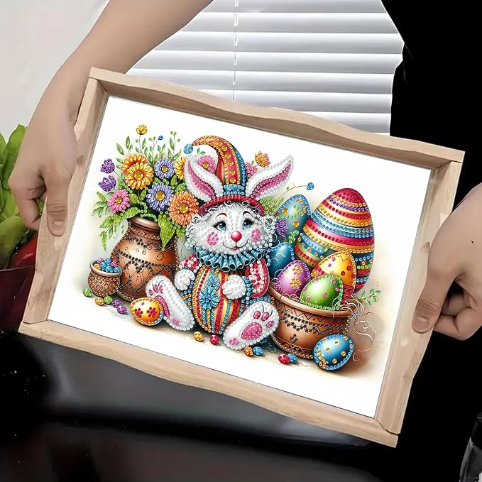 BAYUNOE DIY Diamond Serving Tray Rectangular Breakfast Tray with Handle Handmade Diamond Art Painting Wooden Tray Spring Creative Dinner Plate Coffee Room Living Home Organizer-Easter Bunny Eggs
