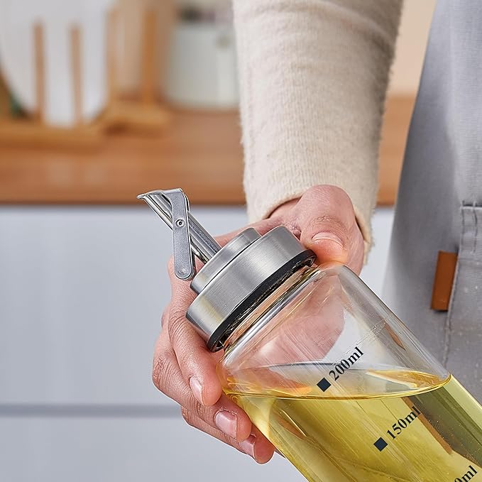 Verdental 7 oz Small Glass Oil Dispenser Bottle for Kitchen Stainless Steel Cruet Pourer Spout for Olive Oil Vinegar Coffee Syrup Soy Sauce Other Liquids with Non-slip Silicone Ring and Labels (200ml)