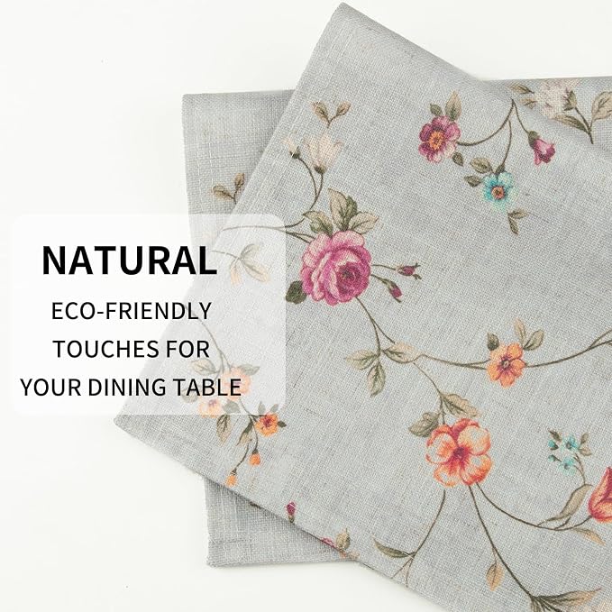 QIYI Boho Placemats Set of 4, 12x18 Inch Linen Fabric Floral Place Mats for Kitchen Dinning, Farmhouse Rustic Cloth Table Mats, Washable Placemat Party Table Décor, Vintage Pink Flowers