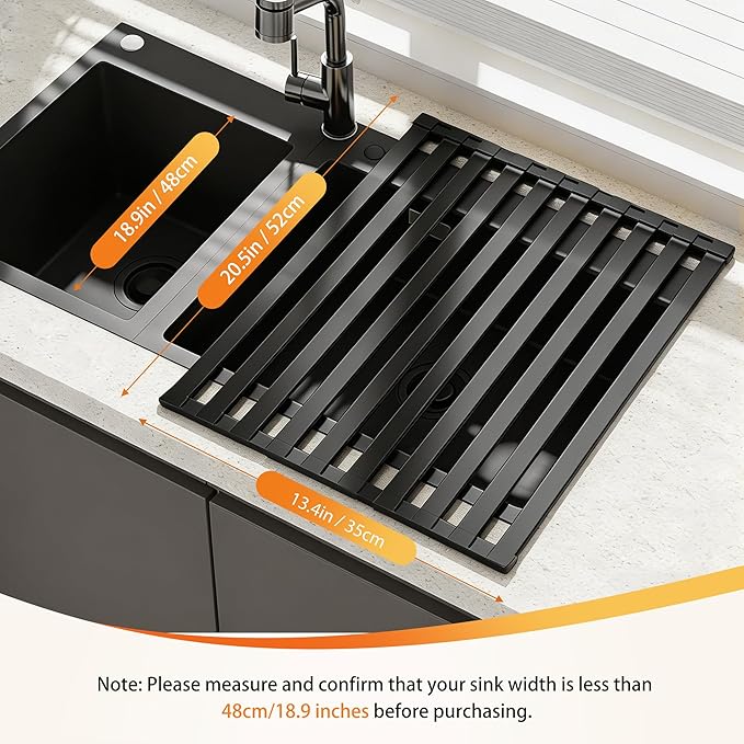 Foldable Over Sink Dish Drying Rack, Extra Wide & Thick Rust-Proof Aluminum Sink Cover for Counter Space, Collapsible Dish Drying Rack Fits Most Kitchen Sinks (Black, 20.5“x13.6)