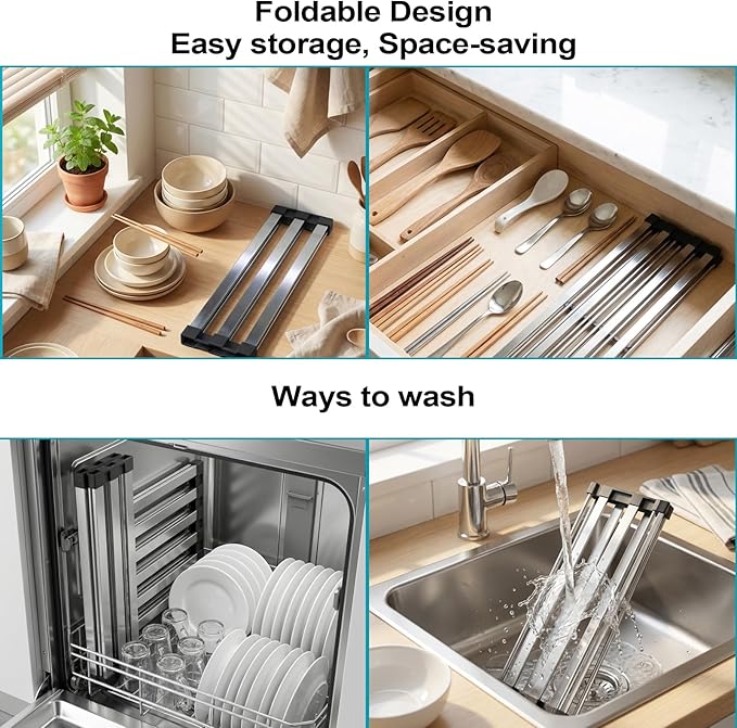 Aluminum Dish Drying Rack, 17.7" x 13.4", Foldable, Rust-Proof, Non-Slip Silicone Base, Over Sink, Gray