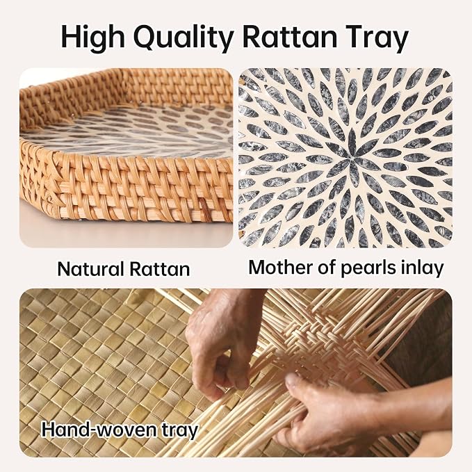 Hexagon Rattan Tray with Mother of Pearl Inlay, Rattan Serving Tray for Coffee, Bread, Fruits, Snacks, Decorative Wicker Tray for Table Decor, Home Decor (Black Leaves, 14.5"×12.8")