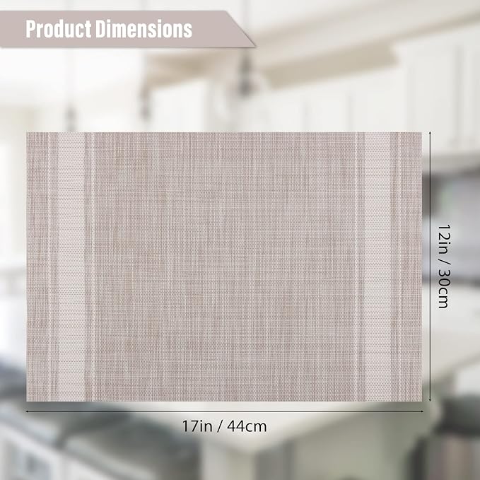 Winknowl Placemats Set of 6, Heat Resistant Non-Slip Vinyl Woven Table Mats for Dining Table, Washable Durable Elegant Place Mats for Kitchen Indoor/Outdoor Use (Beige White)