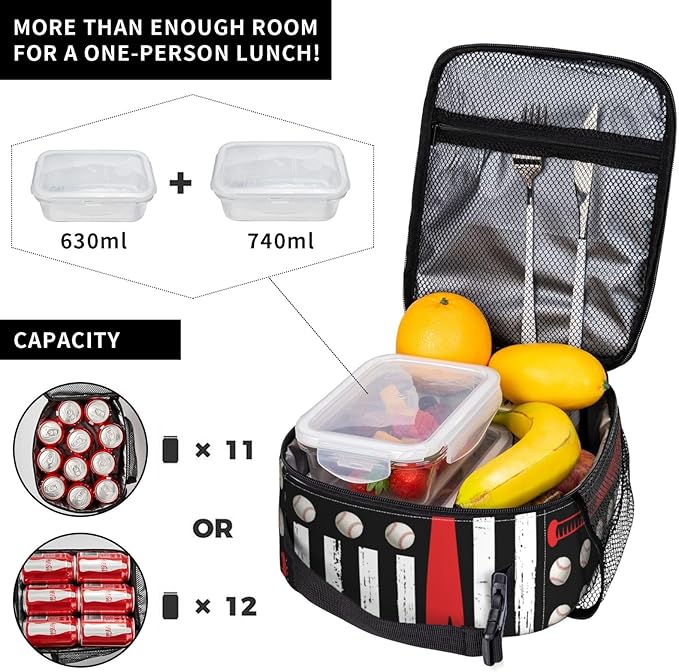Gianlaima American Usa Flag Baseball Insulated Lunch Box For Women And Man, Portable Lunch Bags Reusable Cooler Tote For Office Work Travel Picnic Camping Beach