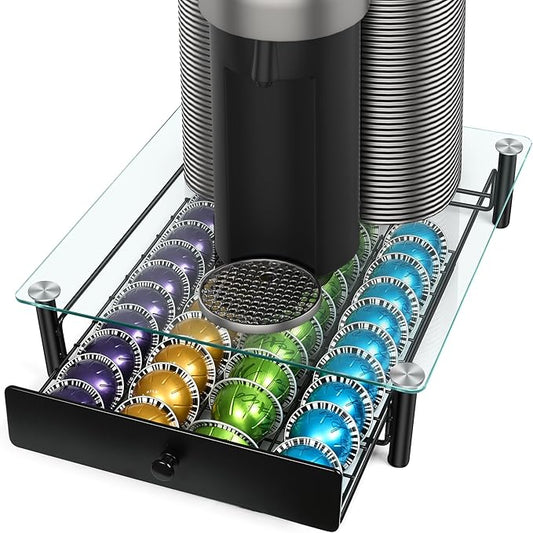 Coffee Pod Drawers, Crystal Tempered Glass Pod Holder Drawer Compatible with Nespresso Capsules, Holds Up to 40 Capsules, Size 14"x15.5"x4.5"
