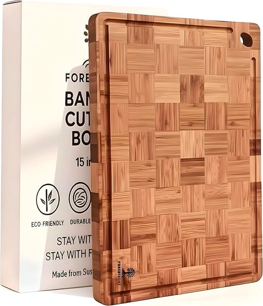 Premium Bamboo Cutting Board-15x10 Inch - End Grain Heavy Duty Cutting Board with Juice Groove, Built-In Handle & Hanging Hole, Knife-Safe Chopping Board for Meat, Vegetables & Kitchen Prep