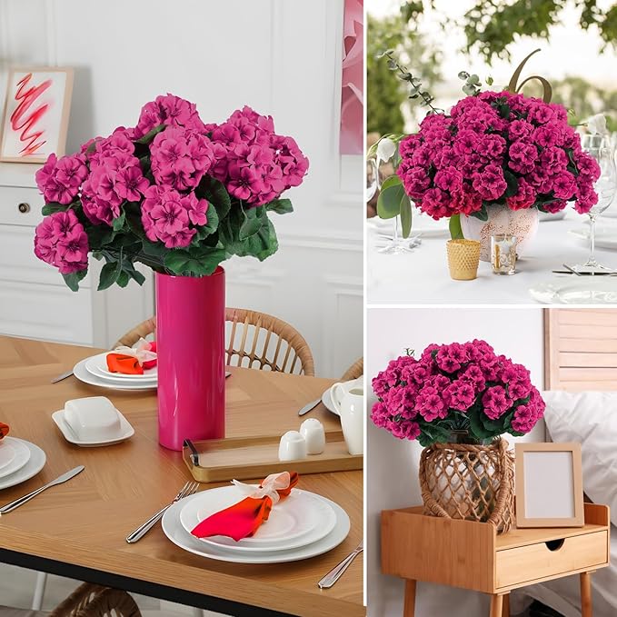 Hananona 6 Pcs Artificial Geranium Flowers for Outdoors Geraniums Silk Flowers Outdoor UV Resistant Garden Plants Faux Flowers for Home Kitchen Table Centerpieces Decor (6, Rose Red)