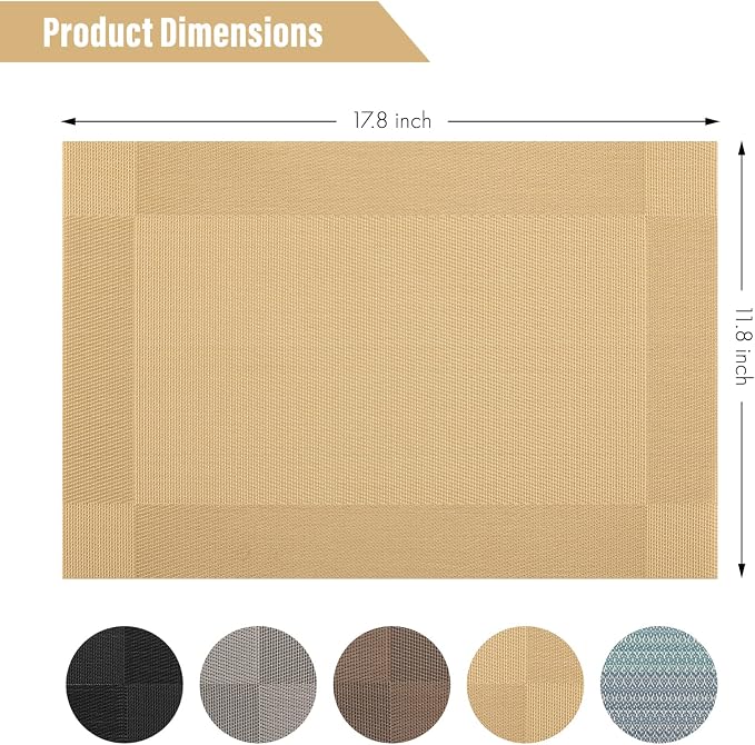 Winknowl Placemats Set of 8, Washable Vinyl Woven Placemats, Heat Resistant & Wipeable Table Mats for Kitchen Dining Table (Golden)
