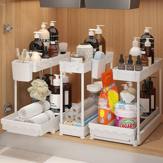 Sevenblue 3 Pack Multi-Purpose Pull-Out Storage Organizers, 2-Tier L-Shaped Under Sink/Cabinet Organizers and Storage for Bathroom & Kitchen,White,12.85 Inch