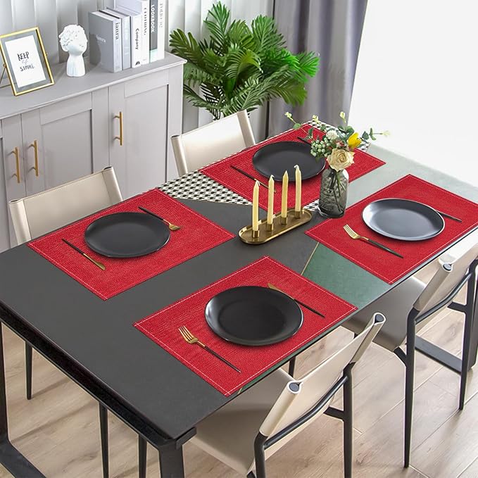 Niviy Christmas Placemats Set of 6, 12x18 Inch Rectangular Placemats for Kitchen Table, Red Placemats for Holiday Party Kitchen Dining Room Decoration