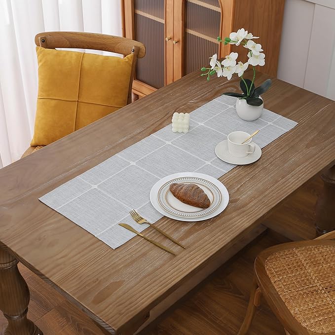 Gernaice Boho Table Runner, Modern Plaid Cotton Linen Farmhouse Table Runners for Dresser End Coffee Table Home Decor, 24" L X 13" W Grey
