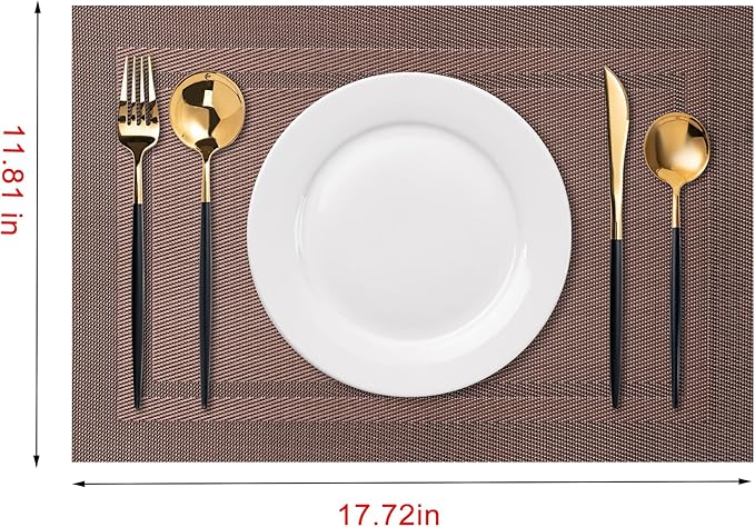 CADONO Placemats Set of 6 Washable Indoor/Outdoor Vinyl Place Mats for Dining Table Durable Non-Slip Heat Resistant PVC Weave Table Mats（Simple Style-Coffee-Colored）