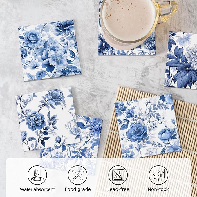 Coaster for Drinks Set of 6, Blue Vintage Spanish Ceramic Floral Absorbent Round Ceramic Stone Mat, with Cork Base and Metal Holder, Gift for Housewarming Room Bar Decor (Vintage Blue Floral-7)