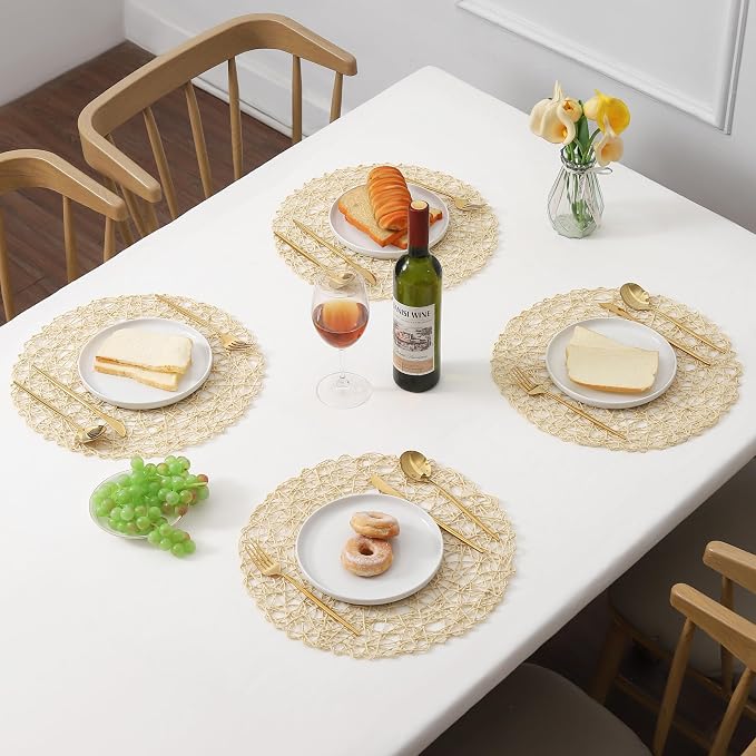 IcosaMro Beige Round Placemats Set of 6 for Dining Table, 15 Inch Paper Woven Boho Decorative Circle Place Mat for Wedding Christmas Thanksgiving Day Holiday Dinner, Beige