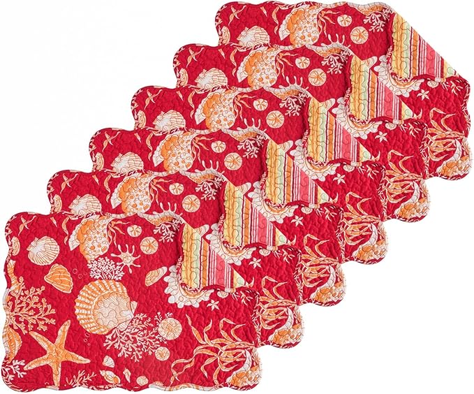 C&F Home Ruby Red & Orange Vintage 100% Cotton Quilted Set of 6 Placemats 13" x 19" Versatile Summer Shells Coral Coastal Ocean Beach Kitchen Dining Dinner Table Tabletop Scalloped Machine Wash