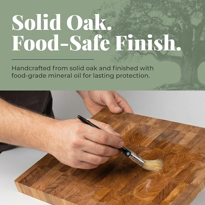 End Grain 16"x12" European Oak Wood Cutting Board, Butcher Block, Wooden Chopping Board with Non-Slip Feet & Handles, Charcuterie Board, Knife-Friendly, Serving Cutting Board for Kitchen