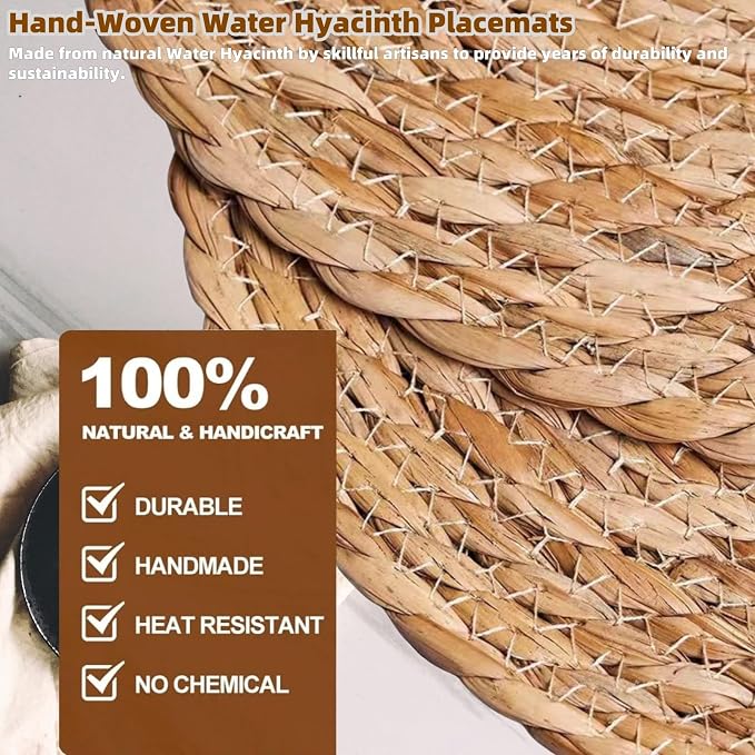 Round Woven Placemats Set of 12, 12" Boho Rattan Chargers for Dinner Plates, Natural Farmhouse Weave Place Mats, Rustic Braided Wicker Table Mats for Dining Table, Home, Outdoor