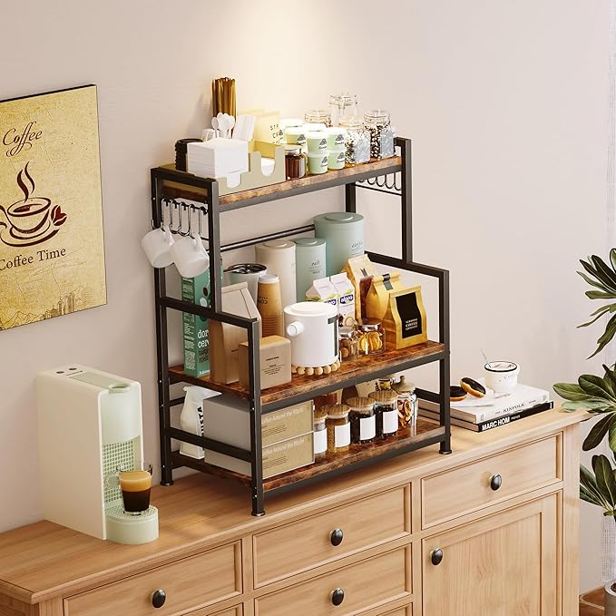23.6"W Large Kitchen Countertop Organizer,3 Tier Spice Rack Organizer with Adjustable Shelf and 10 Hooks,Wooden Counter Organizer,Space Saving Countertop Shelf Microwave Stand for Kitchen,Coffee Bar