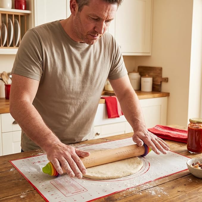 Adjustable Rolling Pin with Thickness Rings & Silicone Baking Mat, 13.78" Dough Roller with 4 Multicolored Rings,Wooden Rolling Pins for Baking, Bread, Pizza Doughs-Home Baking Gift