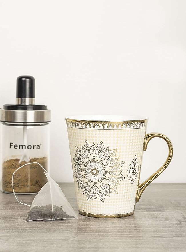 Femora Handcrafted Ceramic Coffee Mugs Indian Golden Disign Set of 2 (11 oz), Cappuccino Cups, Coffee Cups, British Coffee Cups, Porcelain Tea Set, Latte Cups, Espresso Mug.