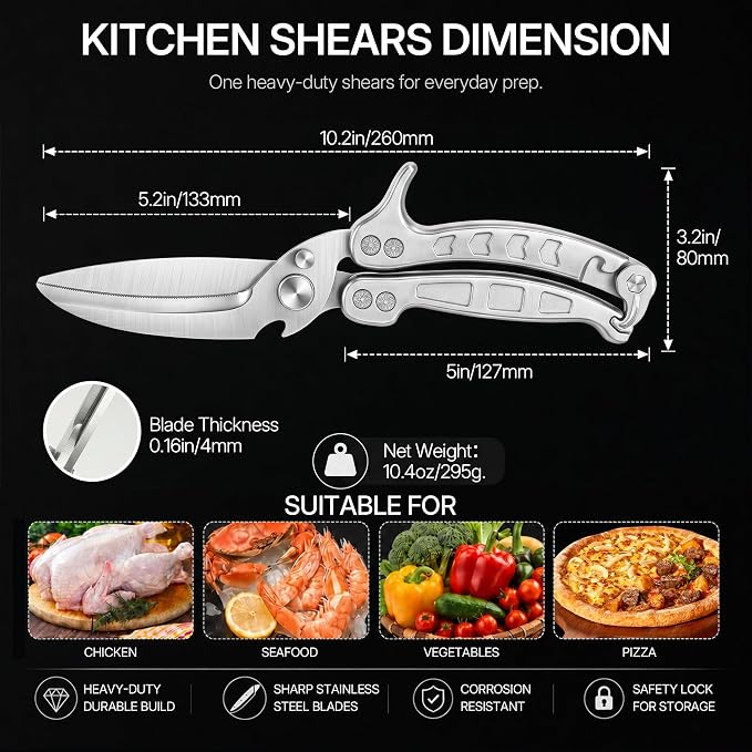 Kitchen Scissors All Purpose, Stainless Steel Heavy Duty Kitchen Shears for Cutting Food-Chicken,Meat,Poultry,Bone and Turkey Multifunctional Kitchen Scissors With Satety Lock