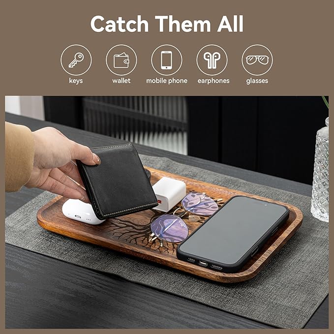 The Tree of Life Serving Acacia Wood Valet Tray for Men Women, Catch All Acacia Mens Key Dump Bedside Nightstand Organizer EDC Wooden Tray for Phone Watch Wallet Keys Jewelry