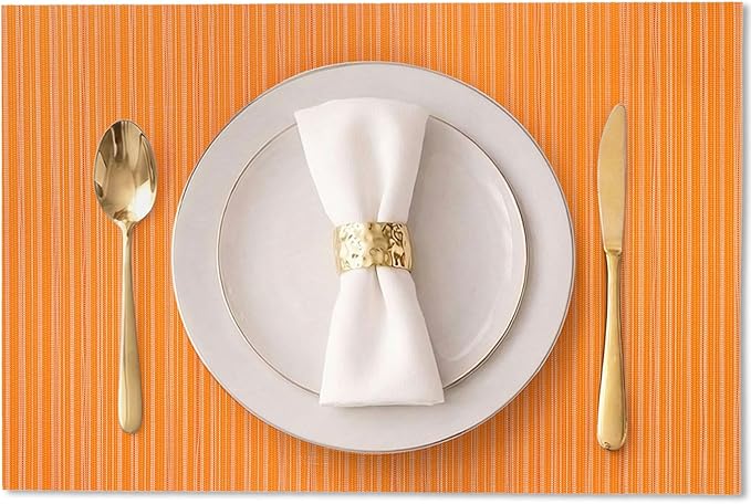 AHHFSMEI Placemats Set of 6 Woven Vinyl Non-Slip Heat Resistant Stain Resistant Easy Clean Place mats for Dining Table(Orange)