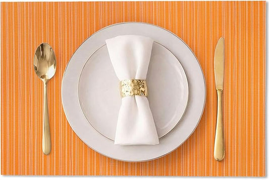AHHFSMEI Placemats Set of 6 Woven Vinyl Non-Slip Heat Resistant Stain Resistant Easy Clean Place mats for Dining Table(Orange)