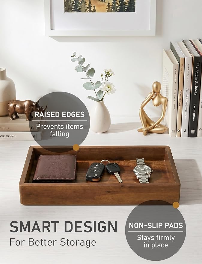Demigo Acacia Wood Valet Tray & Catchall - Dark Color 12.2" x 6" Organizer for Nightstand, Entryway, Dresser - Holds Keys, Wallet, Phone, Jewelry (Dark Brown)