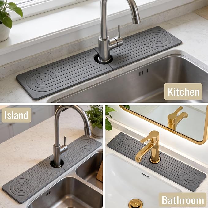 Hopegiver Stone Faucet Mat for Kitchen Sink - Fast Drying Diatomite Sink Protector Prevent Moisture, Super Water Absorbing Stone Tray for Kitchen & Bathroom Counter (Gray, 23.6"x5.1")