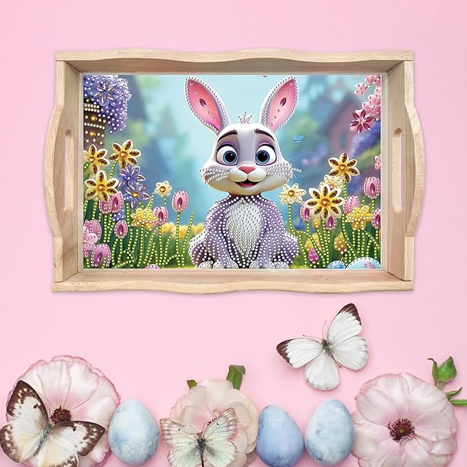 BAYUNOE DIY Diamond Serving Tray Rectangular Breakfast Tray with Handle Handmade Diamond Art Painting Wooden Tray Spring Creative Dinner Plate Coffee Room Living Home Organizer-Easter Bunny