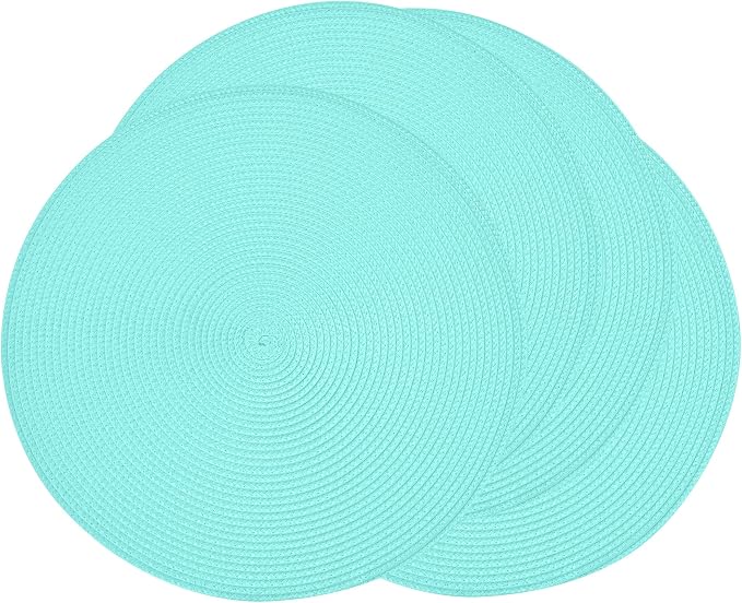 Feuille Round Braided Placemats Set of 4 Place Mats for Dining Table Woven Washable Non-Slip Table Mats 13.5 Inch (Lt.Blue, 4pcs)