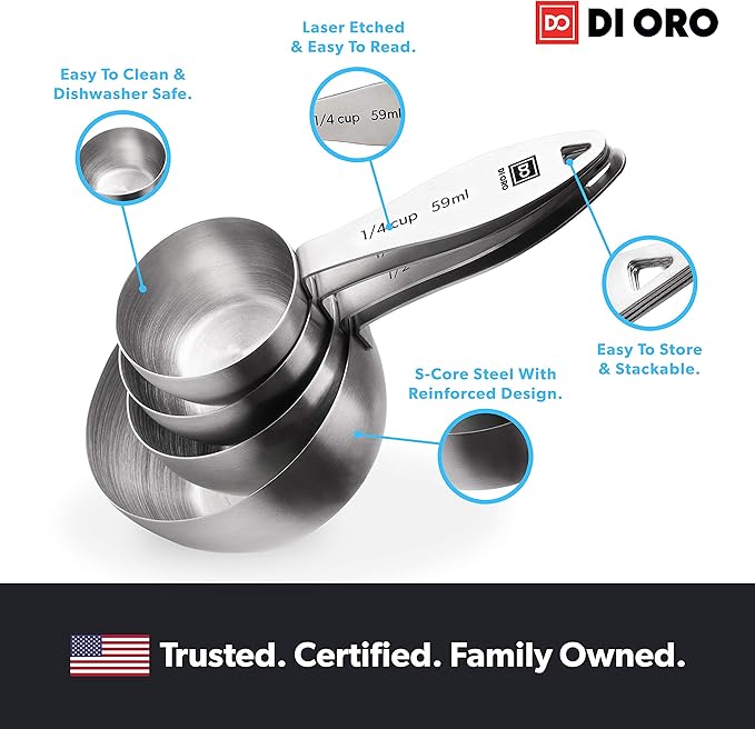 New DI ORO 4-Piece 18/8 Stainless Steel Measuring Cup Set - Easy-to-Read Measurements - For Dry and Liquid Ingredients - Great Kitchen Tools for Cooking and Baking - Dishwasher Safe and Easy to Clean
