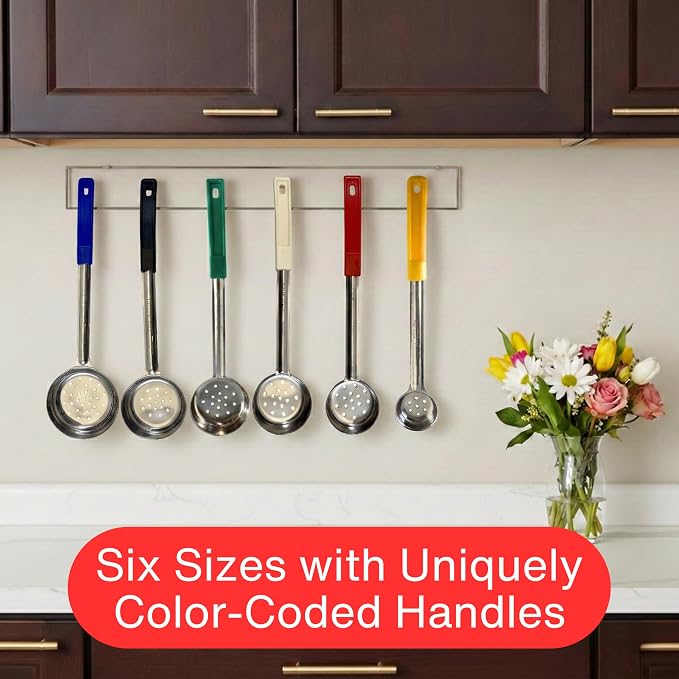 1 oz Slotted Stainless Steel Portion Control Ladle Spoon | Commercial-Grade Spoodle for Portioning & Draining - Pasta, Veggies & Buffet Service. Color-Coded by Size. Dishwasher Safe.