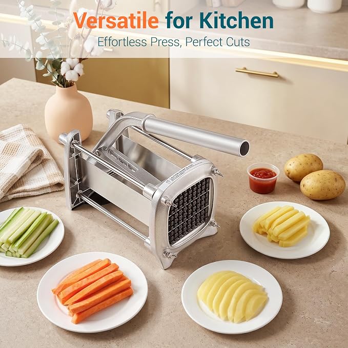 Sopito Professional Stainless Steel French Fry Cutter, 3 Blades (1/2", 3/8", 1/4") & Slicing Blades for Potatoes, Carrots, Apples, Commercial & Home Use