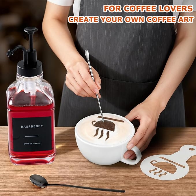 Coffee Syrup Dispenser for Bar, Glass Syrup Bottle with Pump, Coffee Pump Dispenser Bottle with Tray, Spoon for Station,16.9 oz, Black, 500 ml