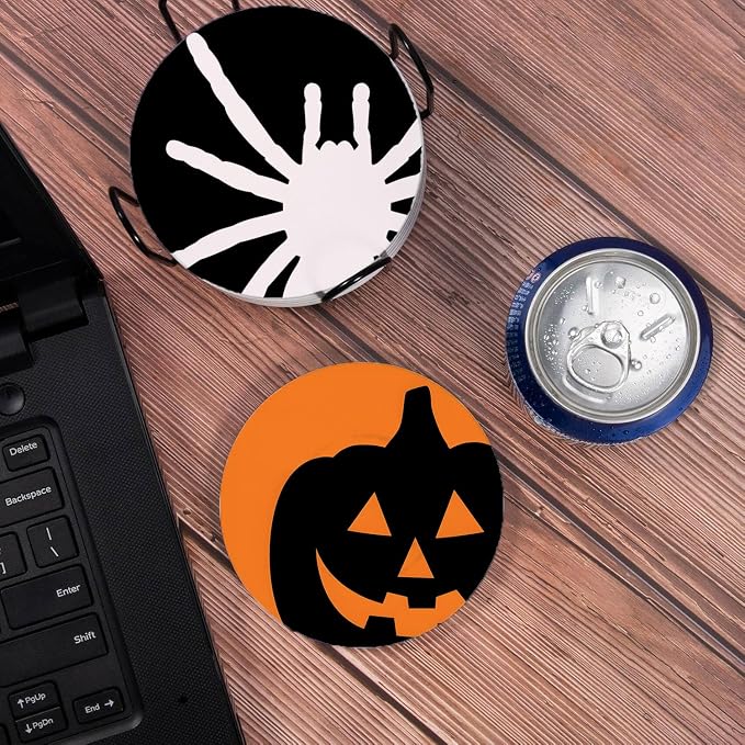 Drink Coasters for Drinks Set of 6, Green Black Orange Halloween Absorbent Round Ceramic Stone Mat Coaster, with Cork Base and Metal Holder, Home Bar Decor House Warming Gift