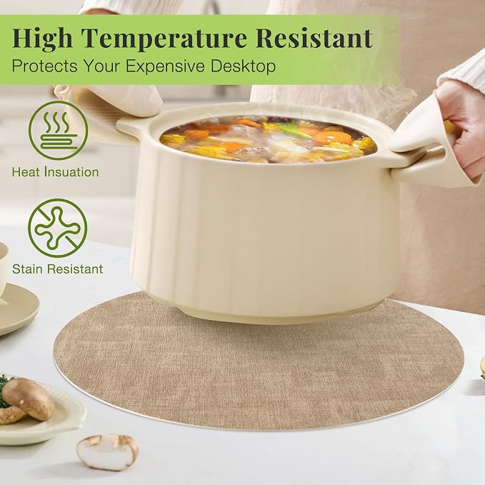 13-Inch Faux Leather Round Placemats Set of 6, Waterproof Anti-Slip Dual Sided Place mats, Heat Resistant Washable Table Mats with Coaster, Suitable for Indoor & Outdoor (6, Black Light Coffee)