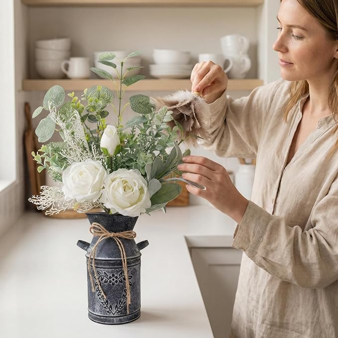 Faux Flowers in Vase 17.5" H Artificial Silk Roses Flower Fake Plants Eucalyptus Arrangement in Metal Vase Faux Silk Floral for Dining Table Centerpieces Home Office Decoration (White/Black Vase)
