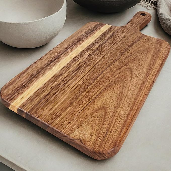 ZeQi 2PCS Small Acacia Wood Cutting Board with Handle 13.7''X7'', Chopping Board, Charcuterie Board, Serving Board for Cheese, Bread, Meat, Vegetables & Fruits (2 Pack Rectangular)