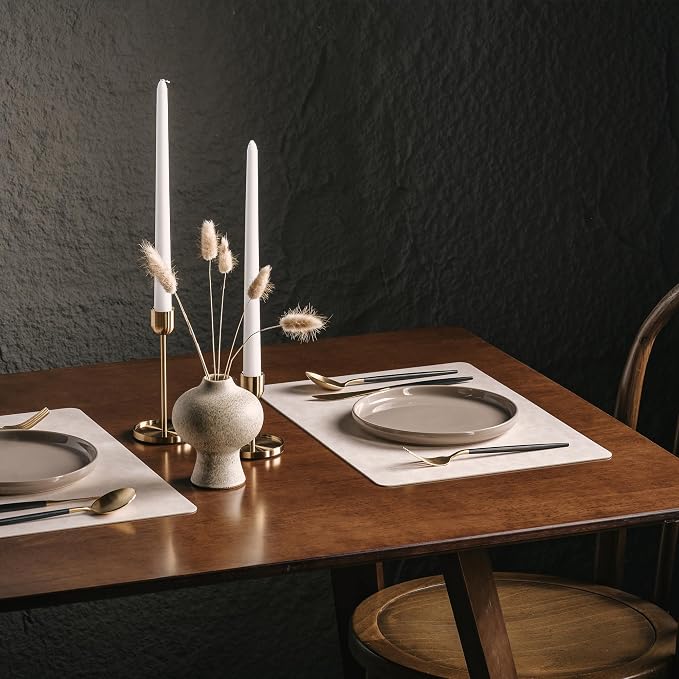 Placemats Set of 6, DOLOPL Reversible Dual-Color Faux Leather Place Mats 17"x11.8"– Waterproof, Heat Resistant, Washable & Wipeable, Luxury Retro Style for Kitchen, Dining Table (Beige & Light Grey)