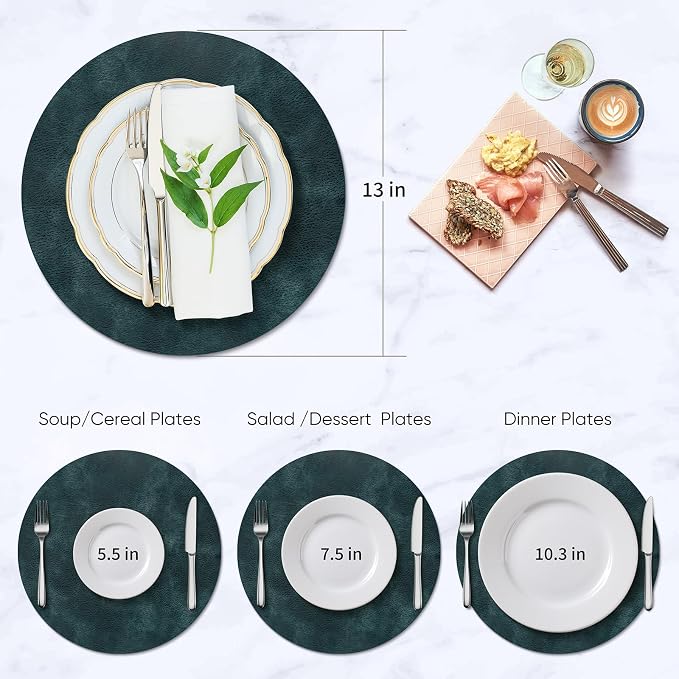 ADRIMER Placemats, Heat Resistant Round Placemats Set of 8 Washable, Waterproof Table Mats, Wipeable Faux Leather Place Mats for Kitchen, Dining Room, Dark Blue
