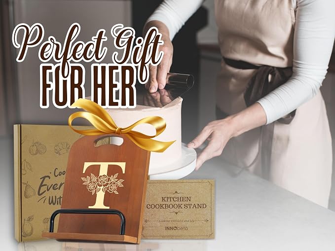 INNObeta Cookbook Stand for Kitchen Counter, Adjustable Tablet Recipe Book Holder, Perfect Gifts for Women, Mom, Grandma on Birthday, Unique Kitchen Decor, Initial T