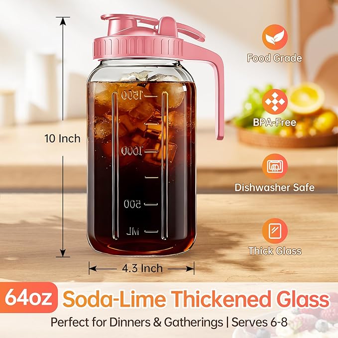 64oz Glass Pitcher with Lid & Spout – 2 Quart Mason Jars, Airtight & Leakproof Breastmilk Pitcher for Cold Brew Coffee, Sun Tea, Water, Juice – Wide Mouth, Fridge Safe